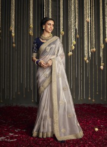 Light Grey Chiffon Silk Saree With Zari Work Buttis