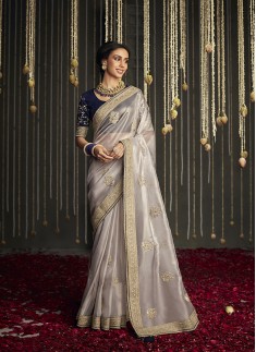 Light Grey Chiffon Silk Saree With Zari Work Buttis