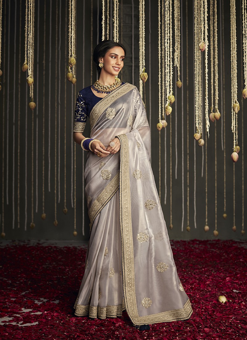 Light Grey Chiffon Silk Saree With Zari Work Buttis