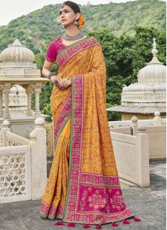 Magnificent Banarasi Silk Fabric Saree With Contrast Heavy Work Blouse Piece