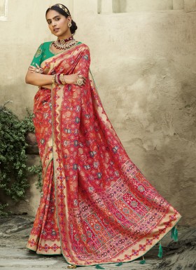 Stunning Banarasi Silk Fabric Saree With ontrast Heavy Work Blouse