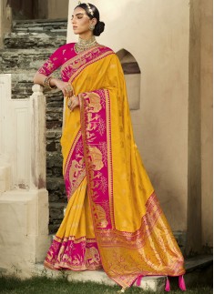 Magnificent Soft Banarasi Silk Fabric Saree With Contrast Heavy Work Blouse Piece