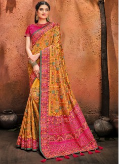 Mustard Banarasi Silk Saree With Pure Kachhi Work ,Diamond & Mirror Heavy Work Including Contrast Heavy Work Blouse Piece