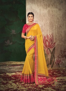 Mustard Organza Embroidered Contemporary Saree