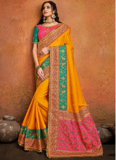 Mustard Pure Satin Saree With Mirror,Resham & Diamond Heavy Work And Contrast heavy Work Blouse Piece