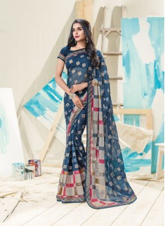 Nevy Blue Color Saree With Fancy Print And Skirt border Style