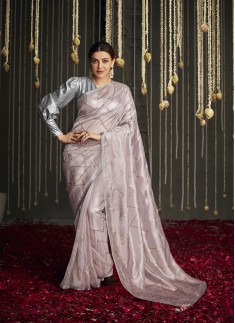 Party Wear Light Pink Silk Saree With Stone Work