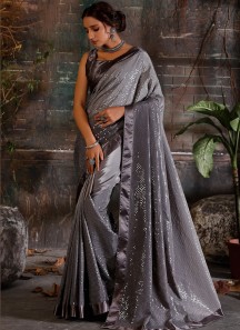 Party Wear Pure Shaded Crepe Saree With Heavy Sequins Work