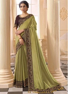 Party Wear Soft Silk Saree With Contrast Heavy Work Blouse Piece