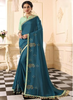 Party Wear Soft Silk Saree With Contrast Heavy Work Blouse Piece