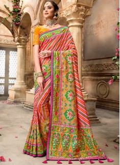 Patan Patola Pure SIlk Saree With Contrast Heavy Work Blouse Piece