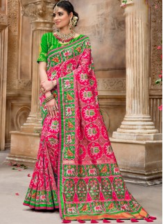 Patan Patola Pure SIlk Saree With Contrast Heavy Work Blouse Piece