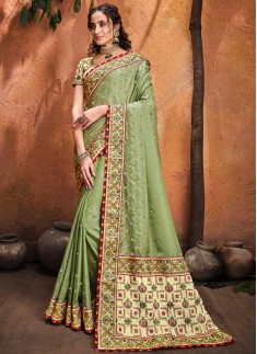 Pista Pure Satin Saree With Mirror,Resham & Diamond Heavy Work Including Contrast Heavy Work Blouse Piece