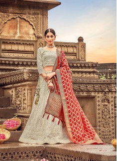 Pleasance Georgette Embroidered Cream Lehenga Chol