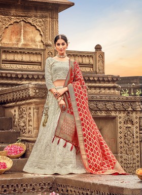 Pleasance Georgette Embroidered Cream Lehenga Choli