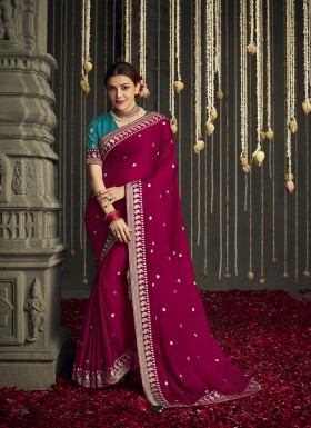 Rani Silk Wedding Saree With Turquoise Blouse