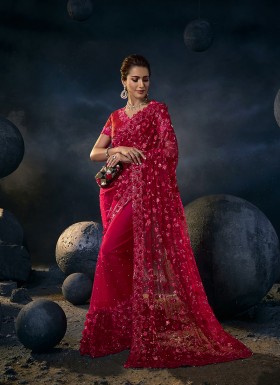 RED DEGITAL NET SAREE