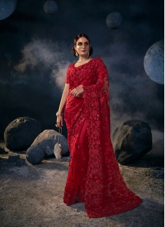 RED DEGITAL NET SAREE