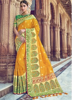 Rich Look Banarsi Silk Saree With Jari Weaving And Hevy Blouse Piece