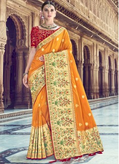 Rich Look Banarsi Silk Saree With Jari Weaving And Hevy Blouse Piece