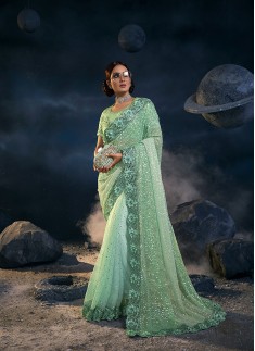 SEA GREEN DEGITAL NET SAREE