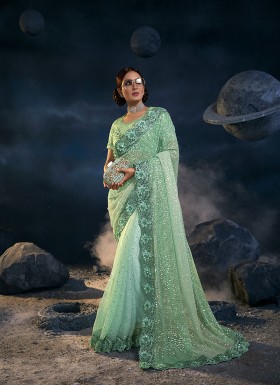 SEA GREEN DEGITAL NET SAREE