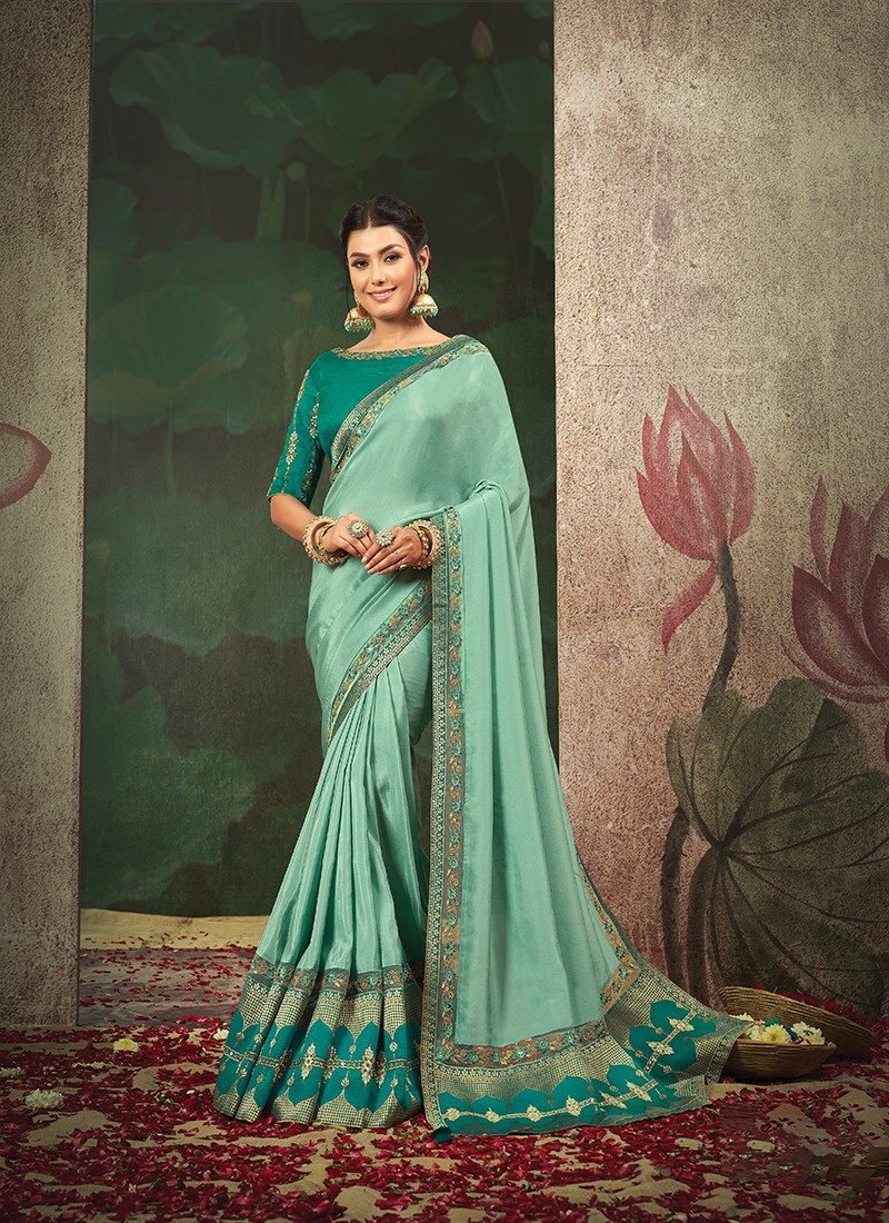 Sea Green Embroidered Crepe Silk Saree