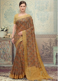 SImple Lakhnavi Silk Material saree With Contrast Simple Blouse Piece