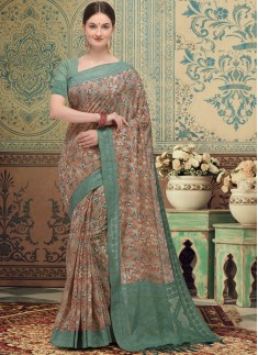 SImple Lakhnavi Silk Material saree With Contrast Simple Blouse Piece