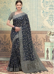 SImple Lakhnavi Silk Material saree With Contrast Simple Blouse Piece