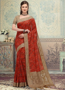 SImple Lakhnavi Silk Material saree With Contrast Simple Blouse Piece