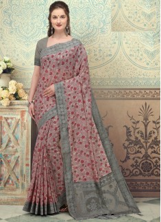 SImple Lakhnavi Silk Material saree With Contrast Simple Blouse Piece