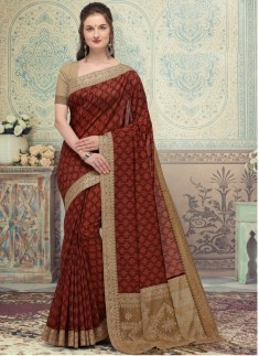 SImple Lakhnavi Silk Material saree With Contrast Simple Blouse Piece