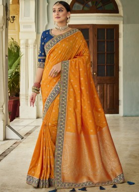 Stunning Banarasi Silk Fabric Saree WIth Contrast Heavy Work Blouse Piece