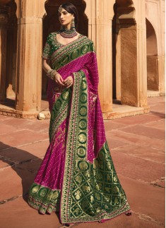 Stunning Banarasi Silk Fabric Saree With ontrast Heavy Work Blouse Piece