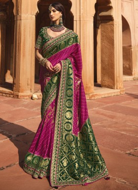 Stunning Banarasi Silk Fabric Saree With ontrast Heavy Work Blouse Piece