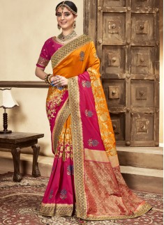 Stunning Banarasi Silk Material Saree With Heavy Work Blouse Piece