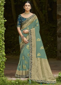 Stunning Organza Material Saree With Contrast heavy Work Blouse Piece