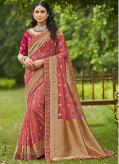 Stunning Organza Material Saree With Contrast heavy Work Blouse Piece