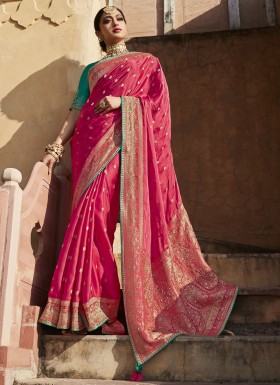 Stunning Weaving Saree With Contrast Work Blouse Piece