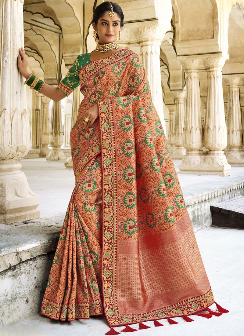 Stylish Banarasi Silk Saree With Contrast heavy Work Blouse Piece