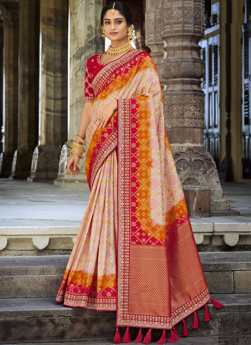 Stylish Dola Silk Saree With Contrast heavy Work Blouse Piece