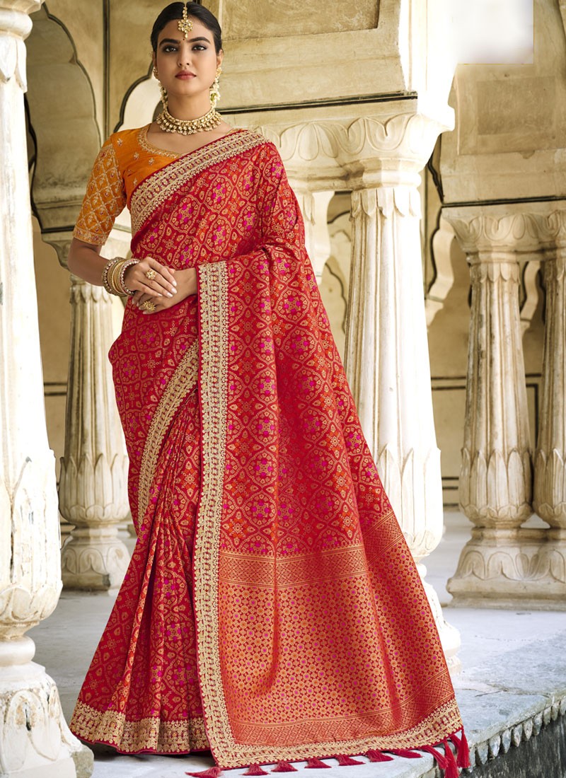 Stylish Dola Silk Saree With Contrast heavy Work Blouse Piece