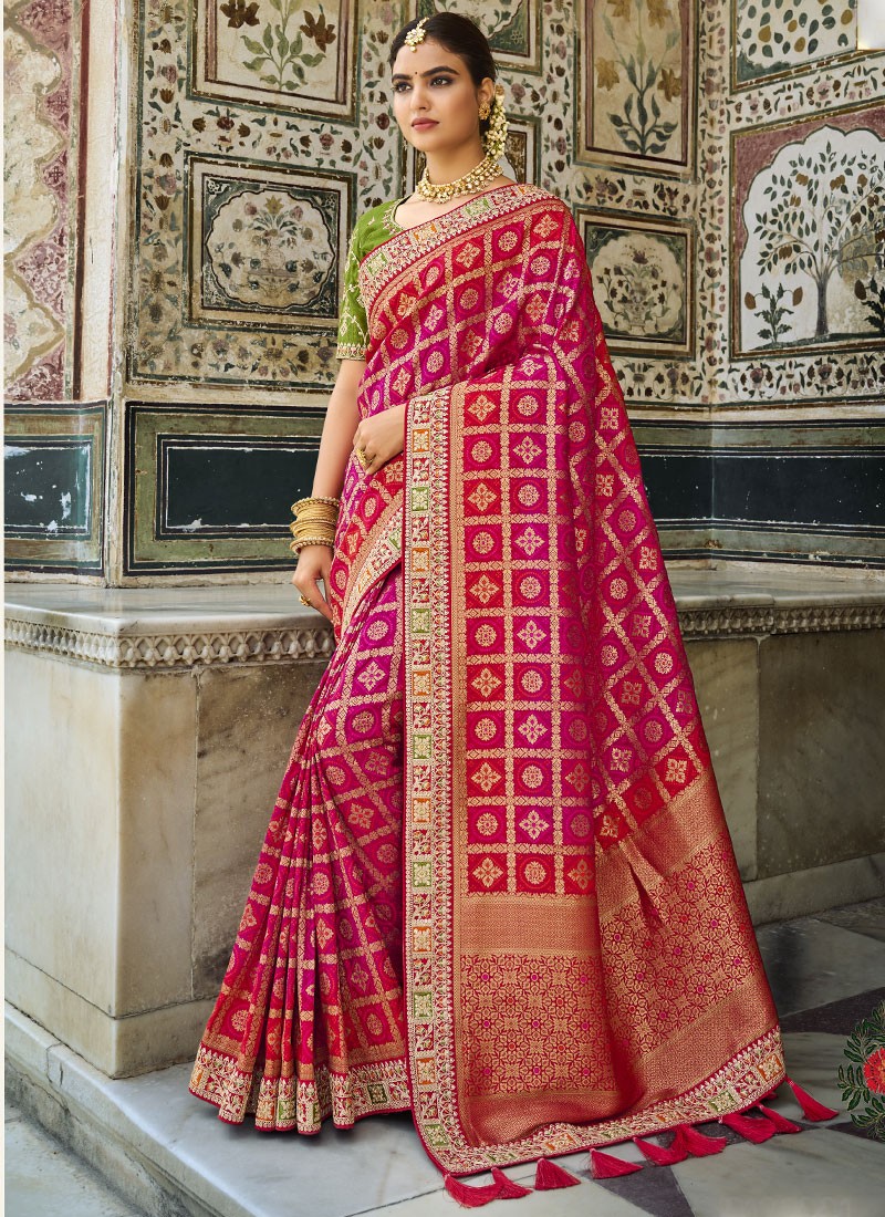 Stylish Dola Silk Saree With Contrast heavy Work Blouse Piece