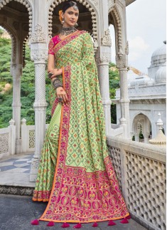 Stylish Pure Satin Saree With Contrast Heavy Work Blouse Piece