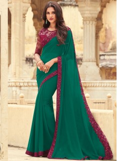 Stylish Small Border Saree With Designer Contrast Heavy Blouse Piece