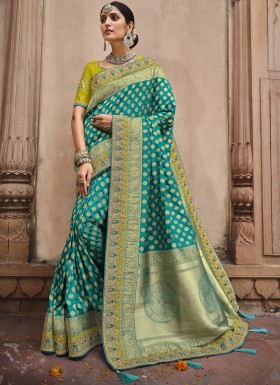 Stylish Soft Banarasi Silk Material Saree With Heavy Work Blouse Piece