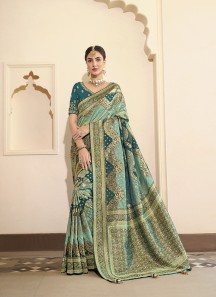 Teal Traditional Gaji Silk Woven Saree