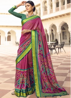 Traditional Patola Print Saree With Contrast Printed Blouse Piece